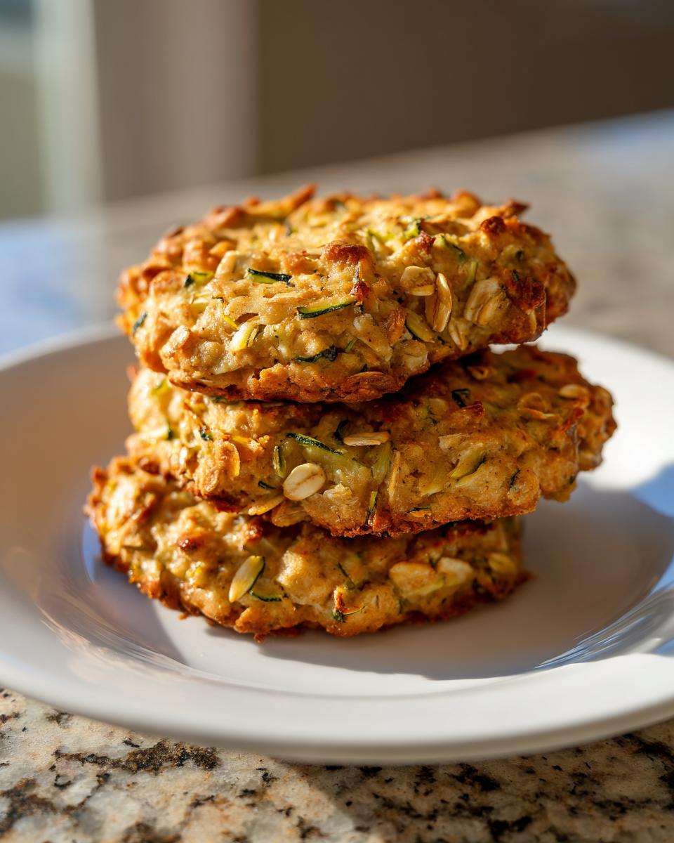 A stack of three golden Zucchini Bread Breakfast Cookies, visible with shredded zucchini and oats, sitting on a white plate.