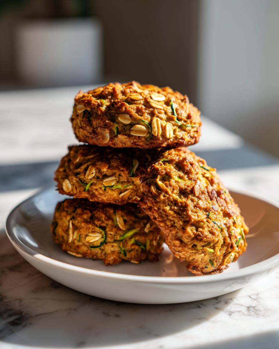 A stack of four golden brown Zucchini Bread Breakfast Cookies topped with visible rolled oats, resting on a white plate.