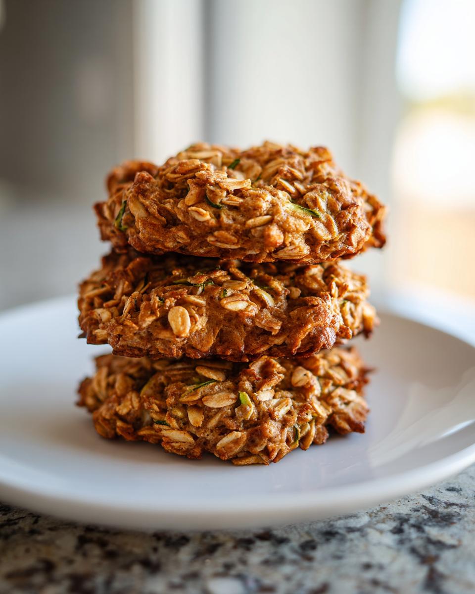 A stack of three hearty Zucchini Bread Breakfast Cookies made with visible rolled oats, resting on a white plate.