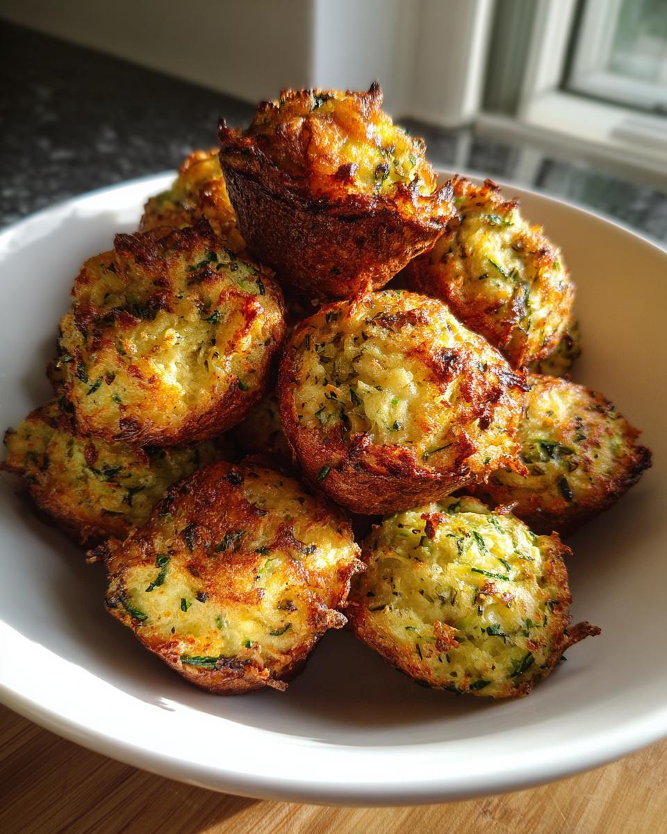 A pile of freshly baked, golden brown Zucchini Garlic Bites served in a white bowl.