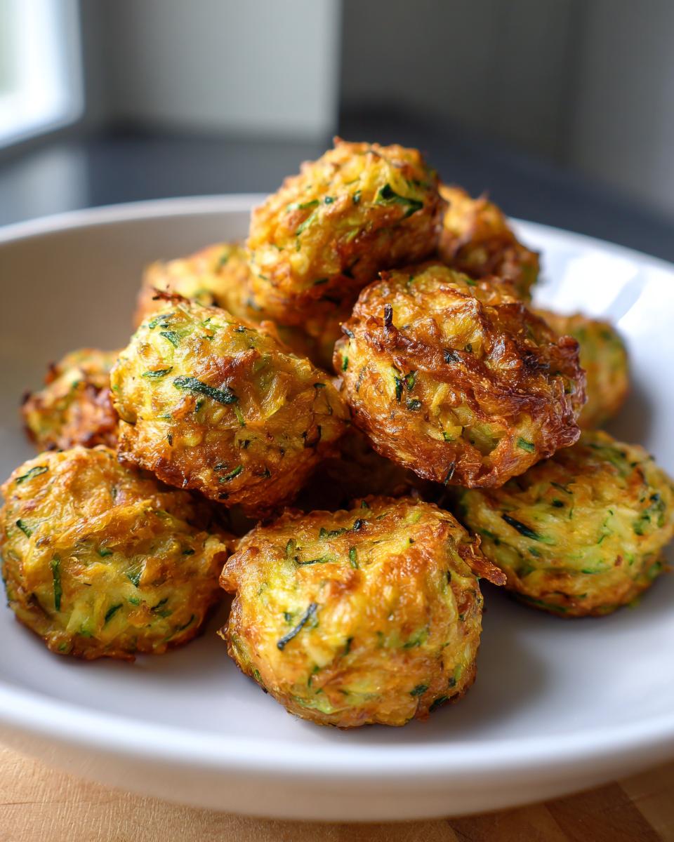 A pile of golden brown, crispy Zucchini Garlic Bites served in a white bowl.