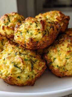 A pile of freshly baked, golden brown Zucchini Garlic Bites with visible shreds of green zucchini on a white plate.
