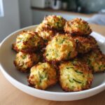 A pile of crispy, golden brown Zucchini Garlic Bites made from shredded zucchini and cheese, served in a white bowl.
