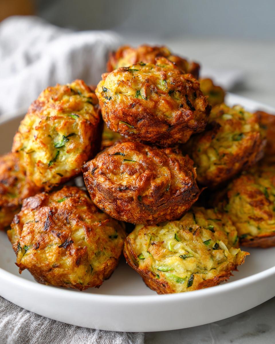 A pile of freshly baked, golden brown Zucchini Garlic Bites stacked high on a white plate.