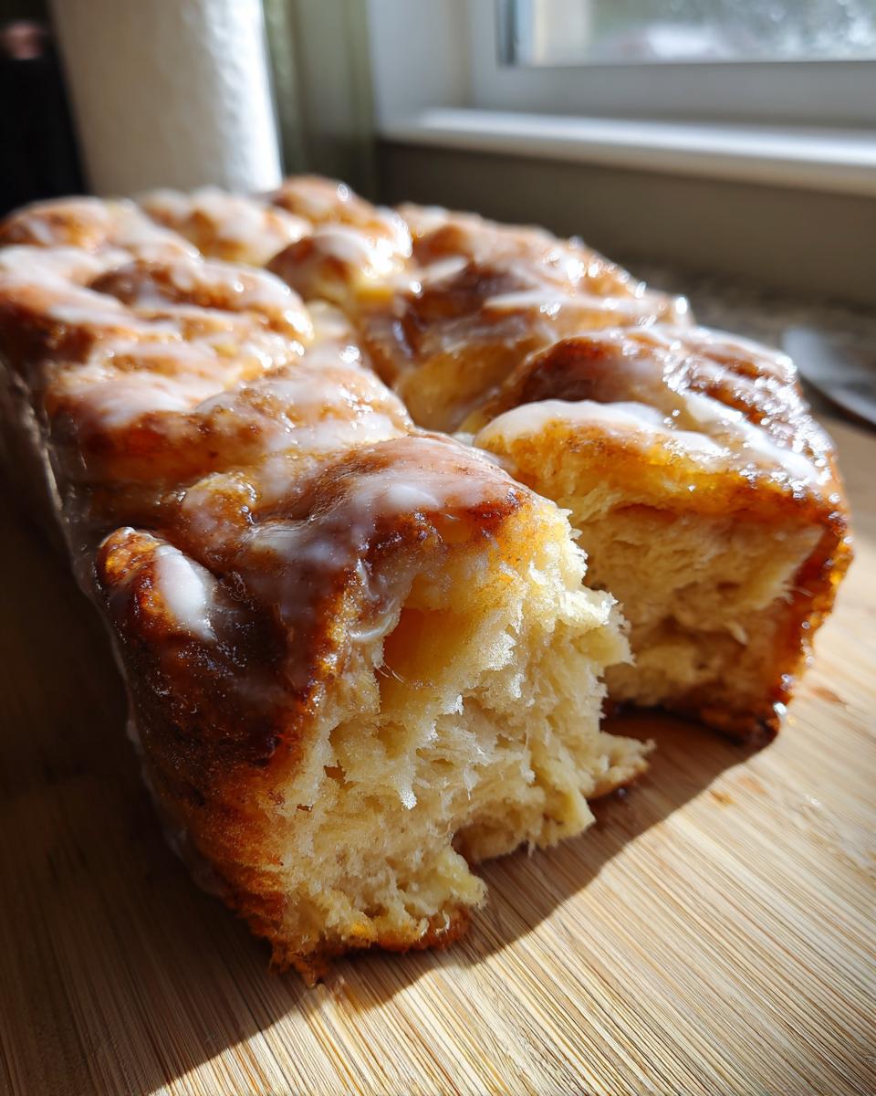Close-up of a freshly baked Apple Fritter Pull Apart Bread loaf, drizzled with white glaze.
