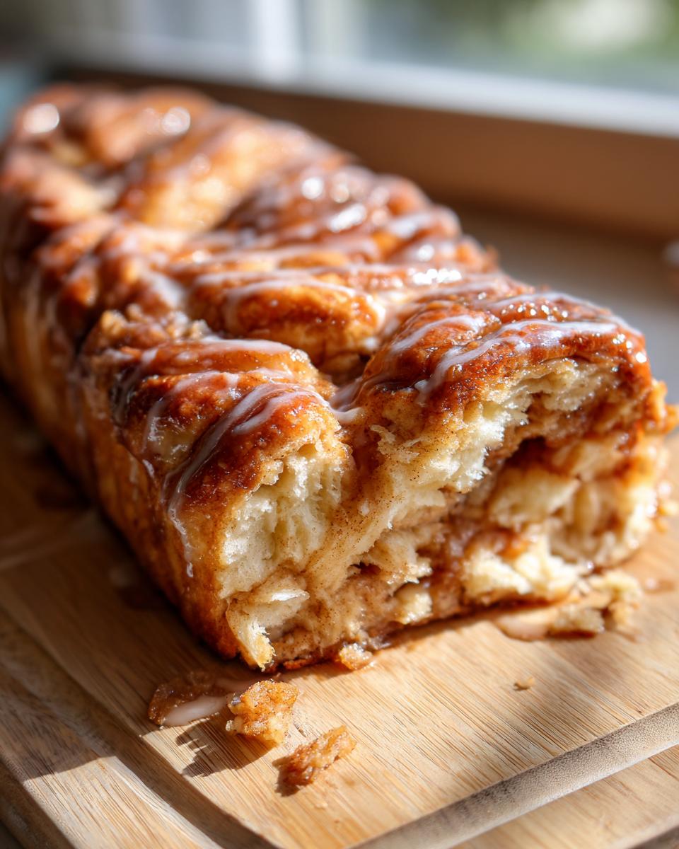 Close-up of a freshly baked Apple Fritter Pull Apart Bread loaf, drizzled with white icing, sitting on a wooden board.