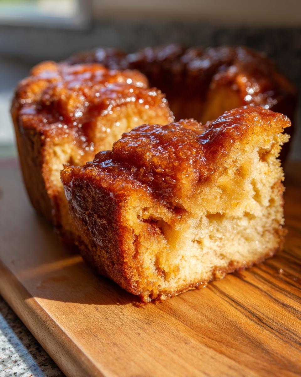 Close-up of a slice of moist Apple Fritter Pull Apart Bread topped with a shiny caramel glaze.
