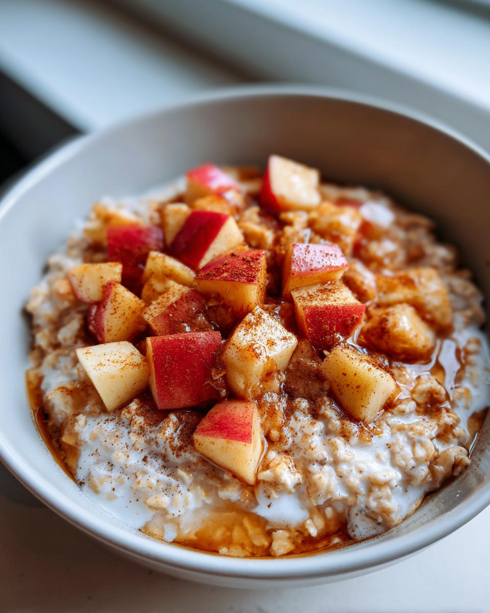 Close-up of a warm Apple Pie Breakfast Bowl topped with diced red apples and cinnamon.
