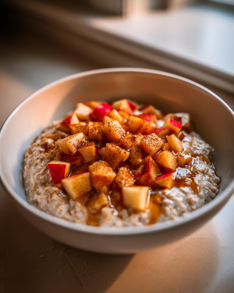 A close-up of a warm Apple Pie Breakfast Bowl topped with diced, cinnamon-dusted apples and drizzled with syrup.