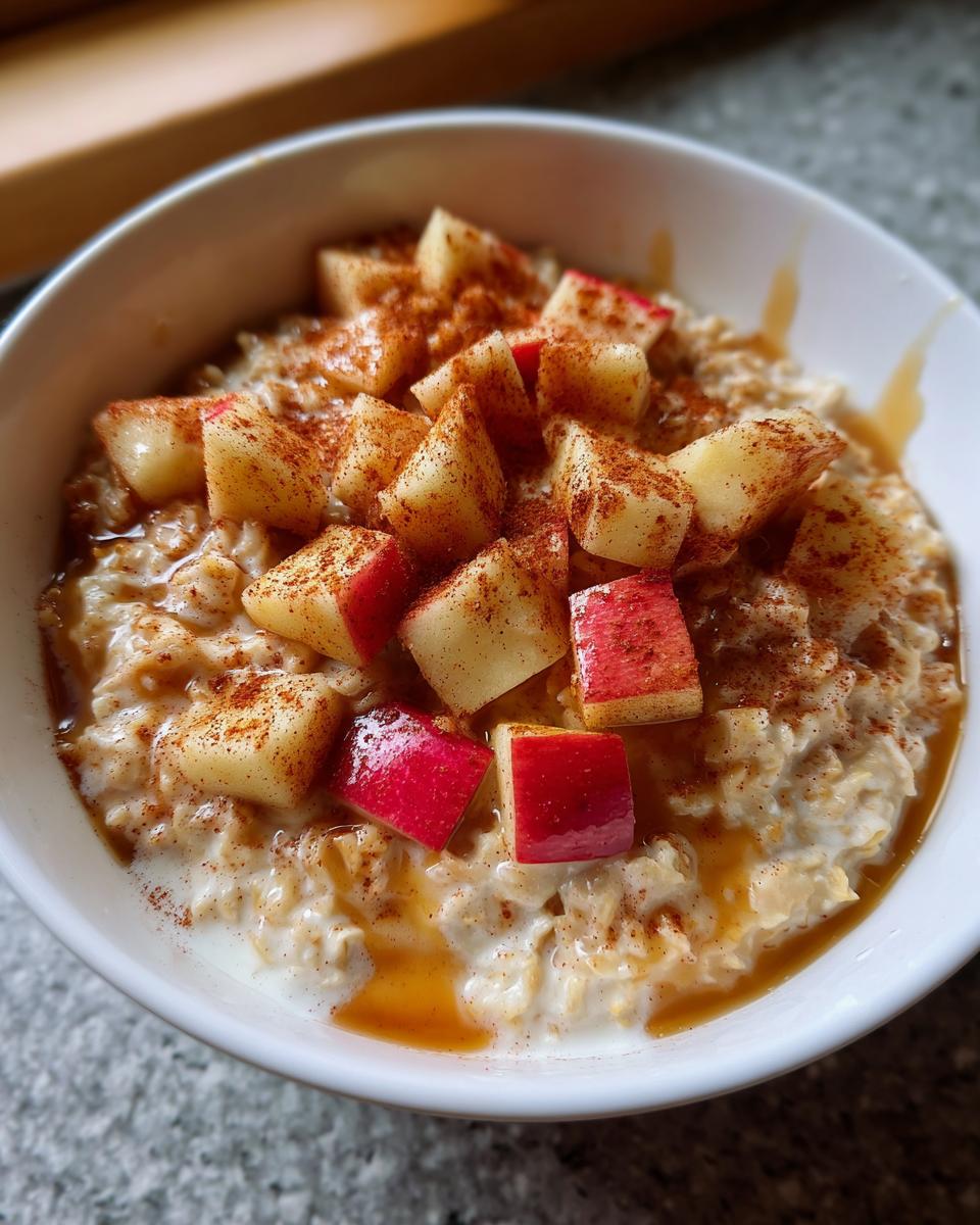 A close-up of an Apple Pie Breakfast Bowl topped with diced red apples, cinnamon, and syrup.