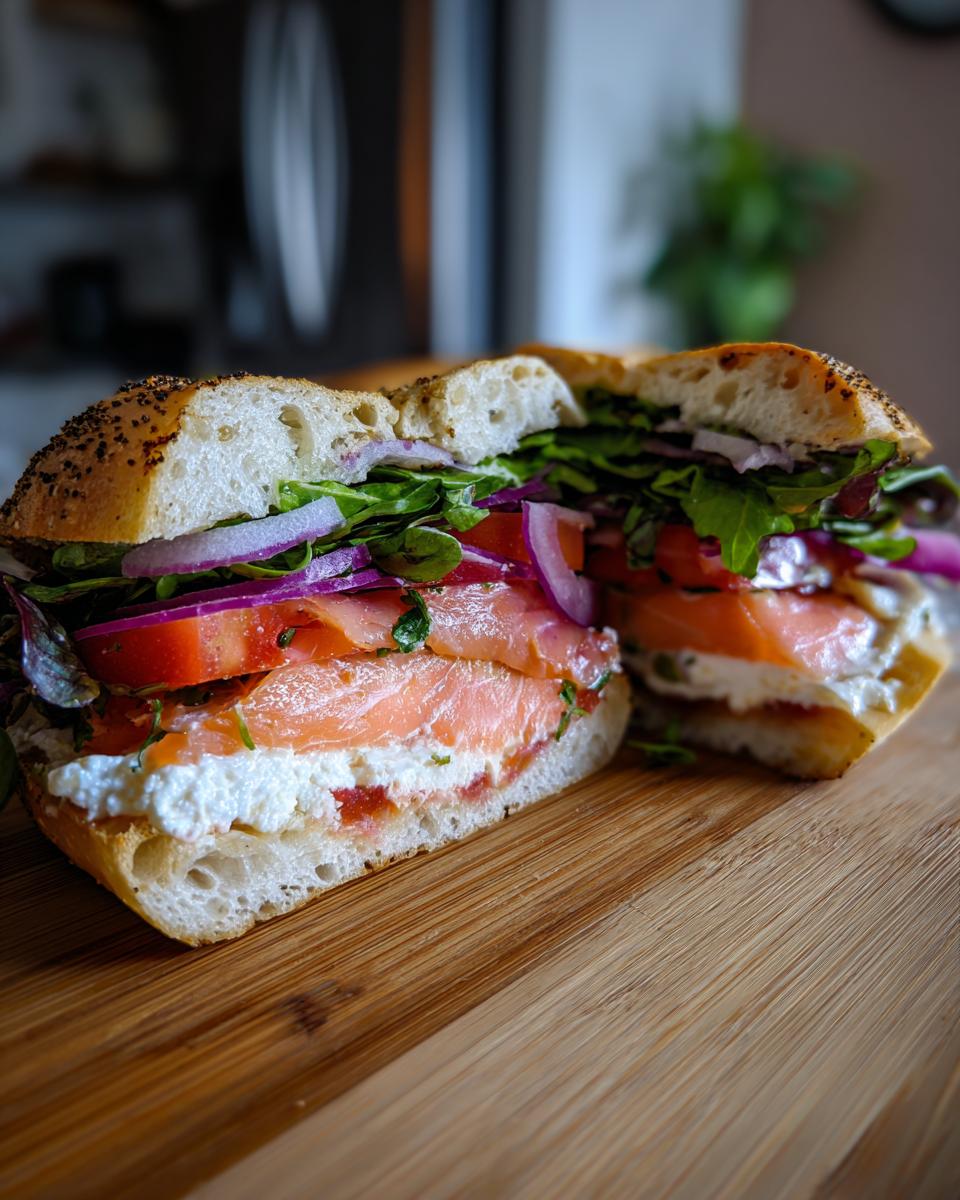 Cross-section of a bagel sandwich packed with smoked salmon, cream cheese, red onion, and greens for the Build A Bagel Lunch Kit.