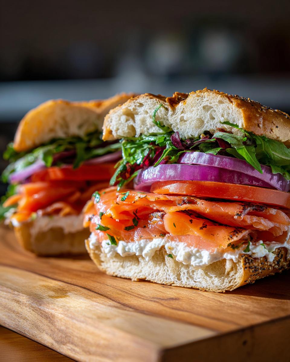 Close-up of a fully assembled bagel sandwich with lox, cream cheese, red onion, and greens, perfect for a Build A Bagel Lunch Kit.