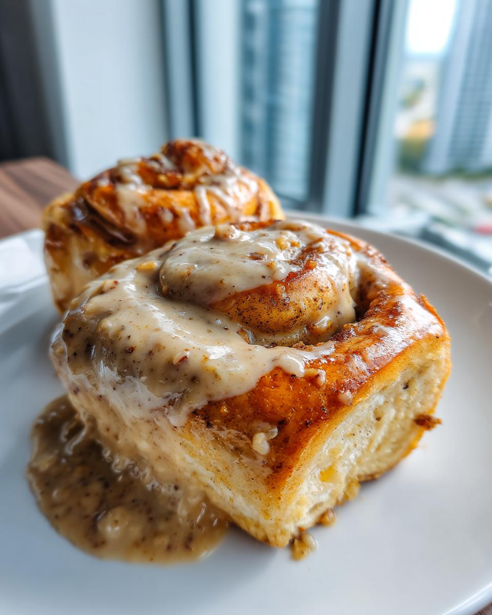 Close-up of two golden-brown Breakfast Sausage Rolls With Sausage Gravy Frosting piled high on a white plate.