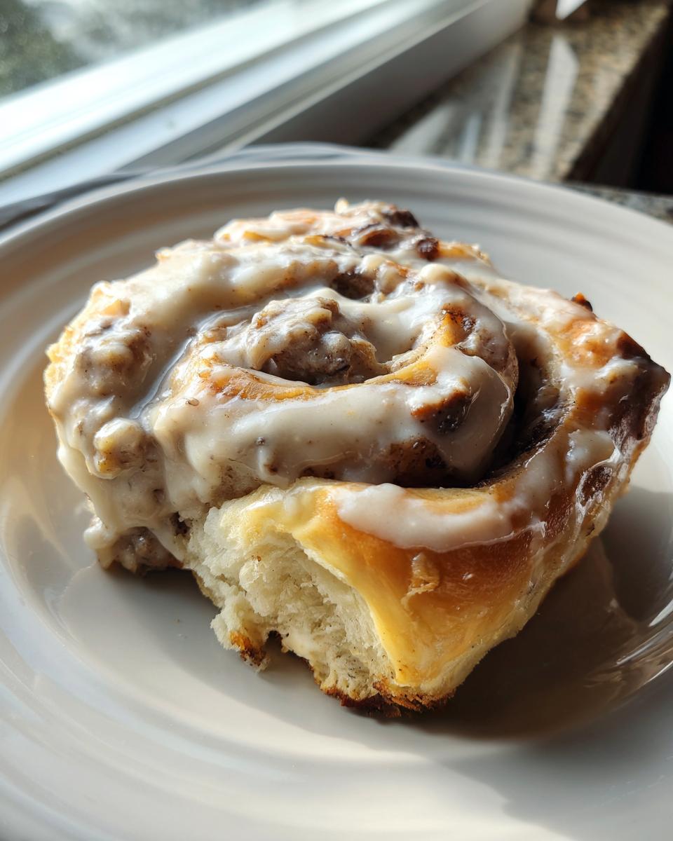 A close-up of a single, soft Breakfast Sausage Roll With Sausage Gravy Frosting, sitting on a white plate near a window.