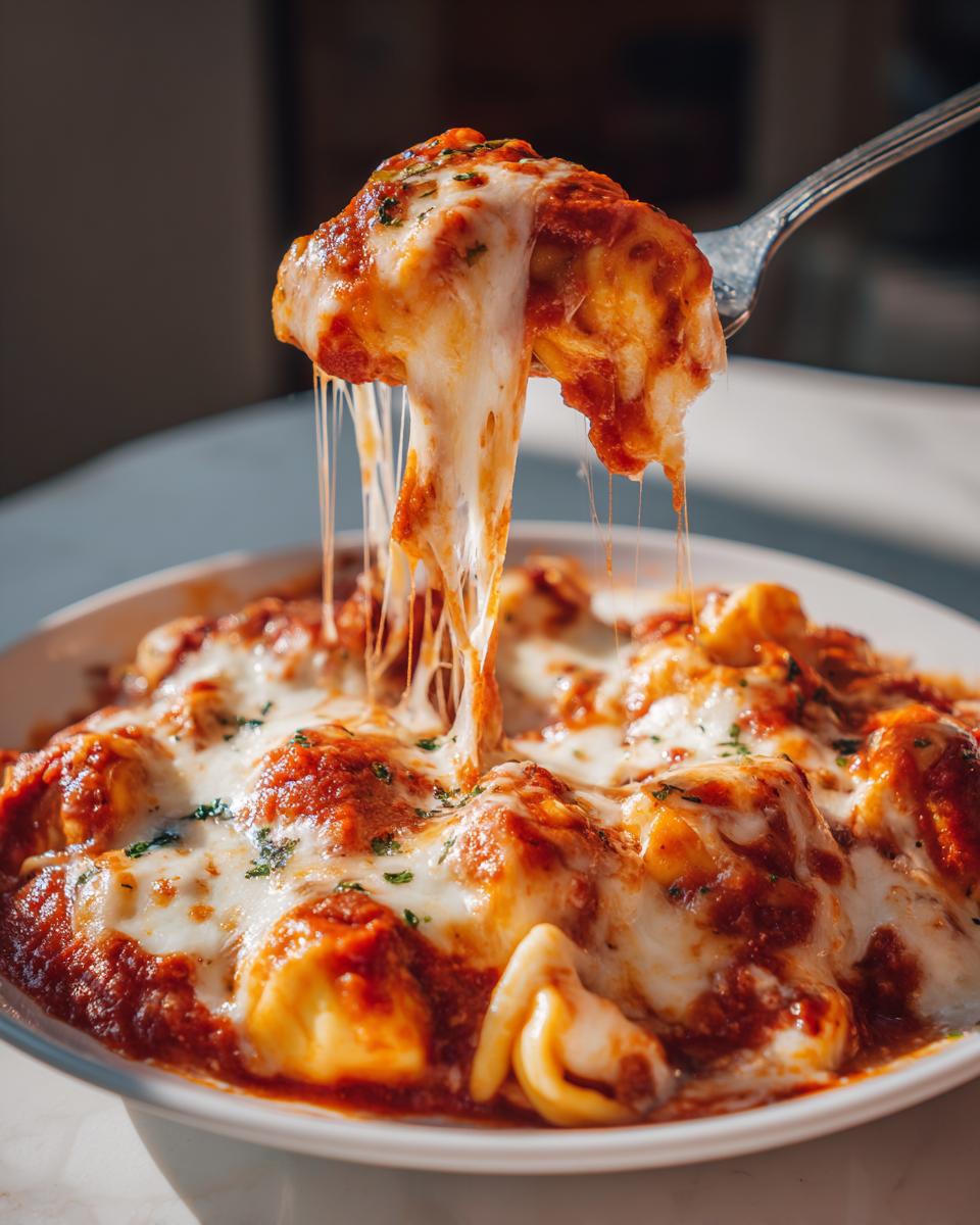 A fork lifts a portion of Cheesy Baked Tortellini, showing an impressive, long cheese pull over the saucy dish.
