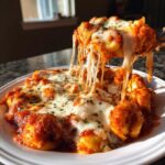A spoonful of Cheesy Baked Tortellini being lifted from a white plate, showing long, dramatic cheese pulls.