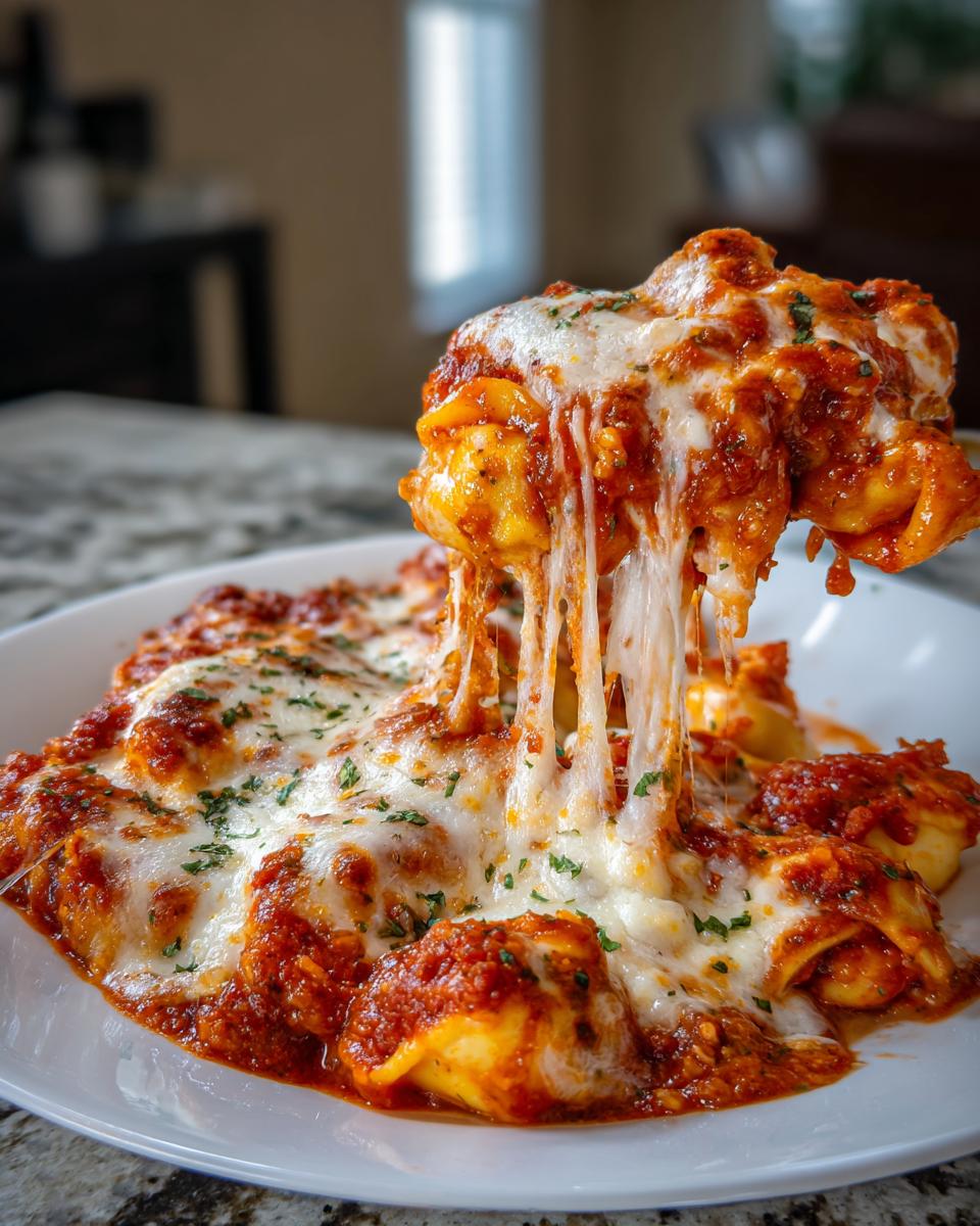A serving spoon lifts a portion of Cheesy Baked Tortellini, showing long, melted mozzarella cheese strands stretching from the dish.