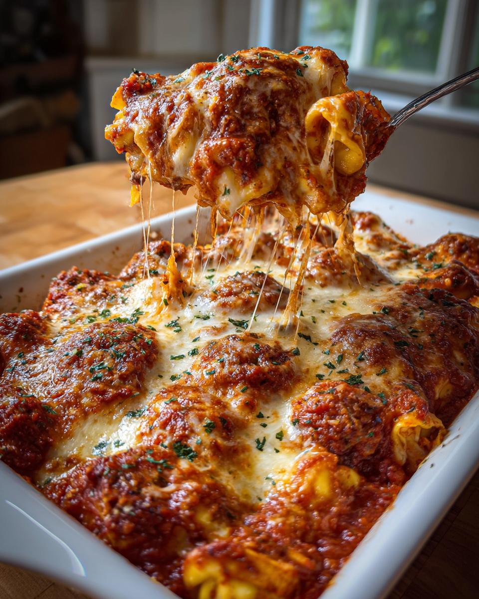 A serving spoon lifts a portion of Cheesy Baked Tortellini, showing long, stretchy strings of melted cheese.