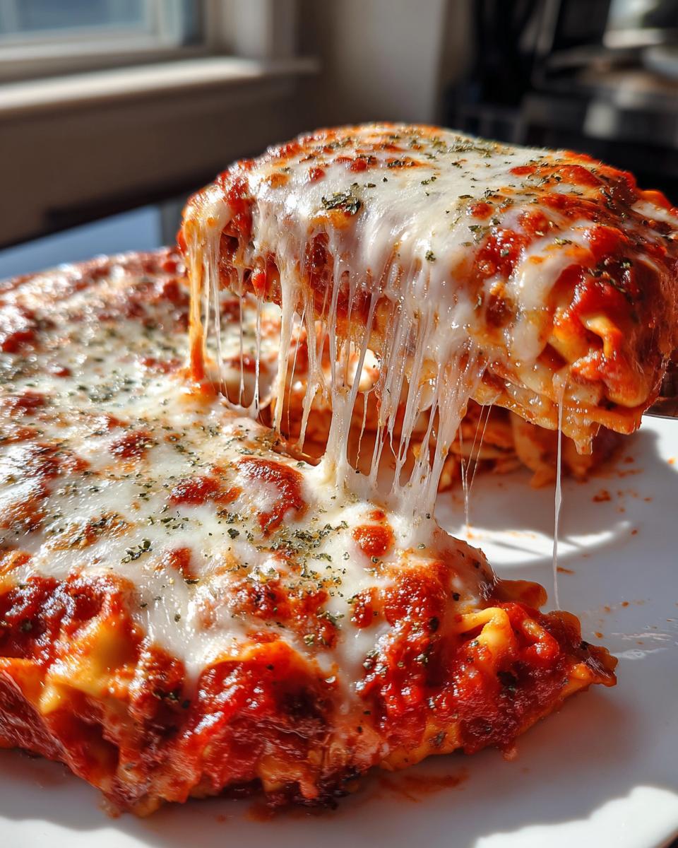A serving of Cheesy Baked Tortellini being lifted, showing long, stretchy strings of melted mozzarella cheese.