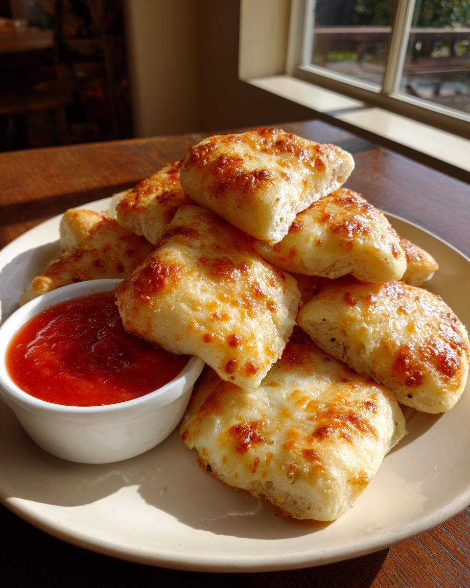 A plate piled high with golden brown, cheesy DIY Pizza Dough Dippers next to a small bowl of marinara sauce.