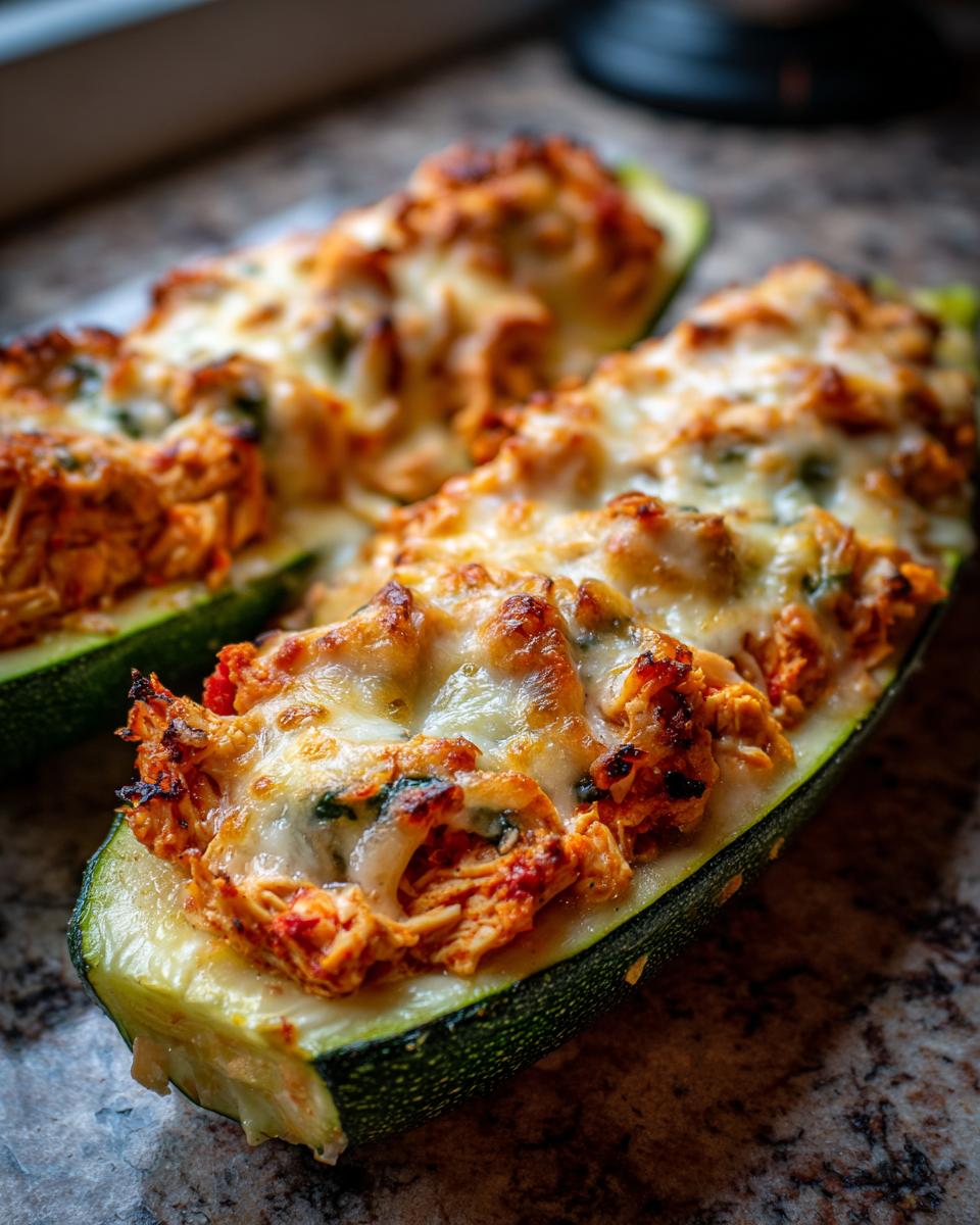 Two baked Chicken Parmesan Zucchini Boats stuffed with shredded chicken and topped with melted, browned mozzarella cheese.