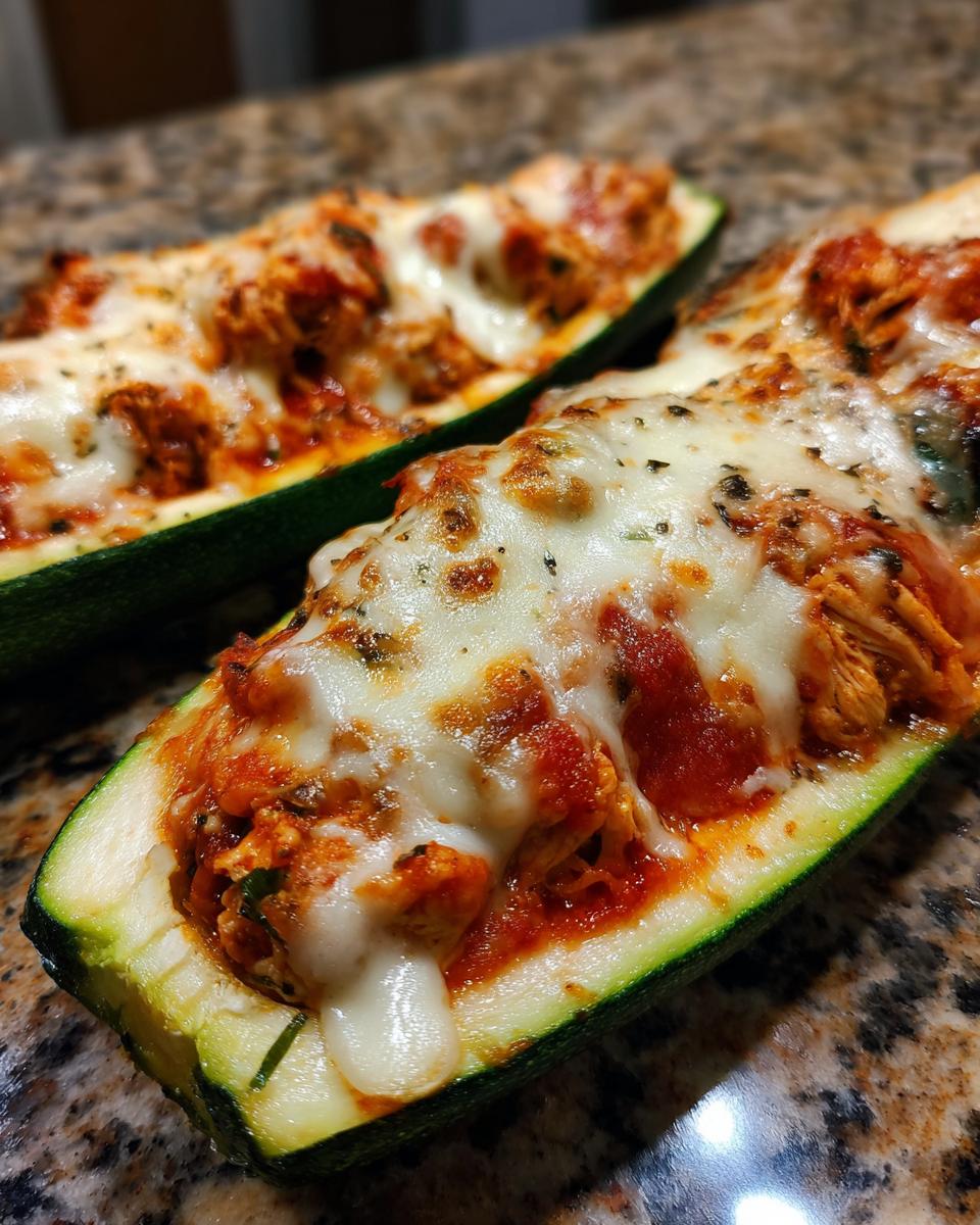 Close-up of two baked Chicken Parmesan Zucchini Boats topped with melted mozzarella cheese and herbs.