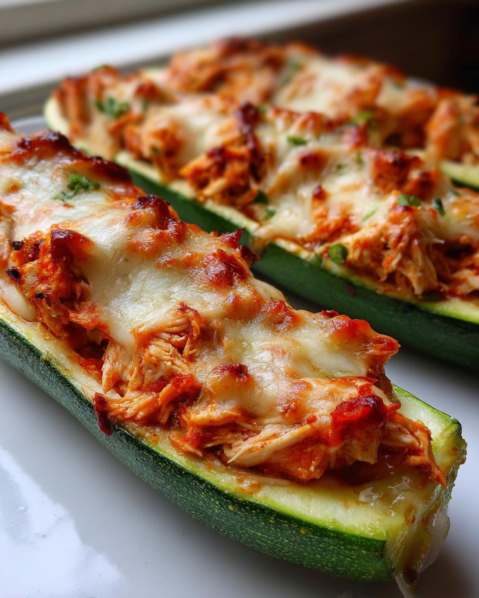 Close-up of two baked Chicken Parmesan Zucchini Boats stuffed with shredded chicken and topped with melted mozzarella cheese.