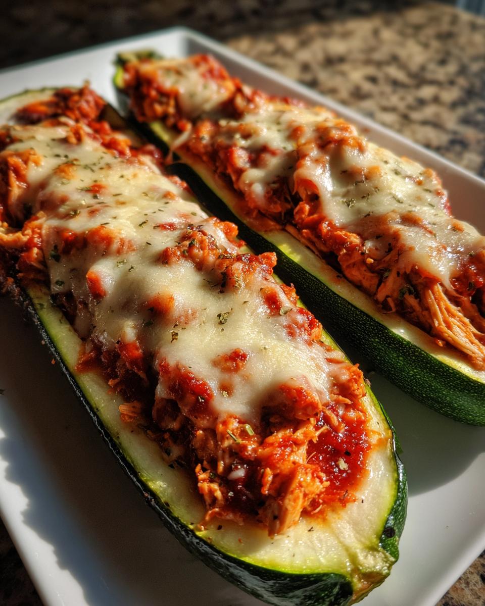 Two halves of baked zucchini boats filled with shredded chicken, marinara sauce, and topped with melted mozzarella cheese, representing Chicken Parmesan Zucchini Boats.