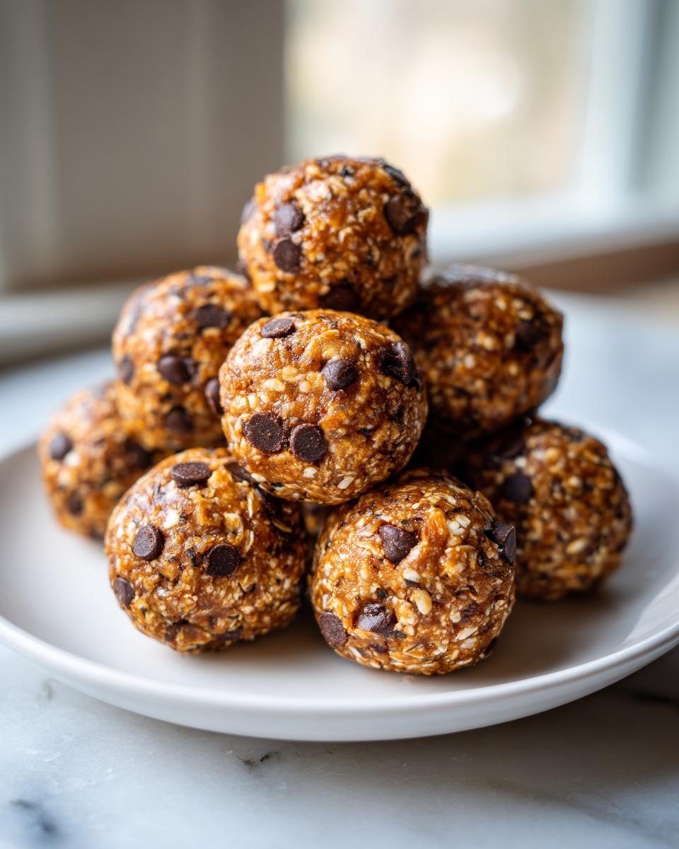 Stack of homemade chocolate chip energy bites perfect for a Lunchbox Dessert First Bento.