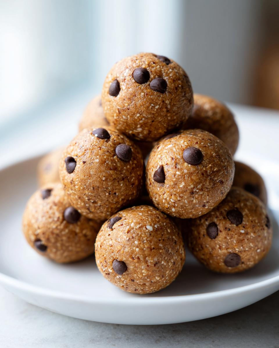 A stack of homemade chocolate chip energy bites, perfect for a Lunchbox Dessert First Bento.