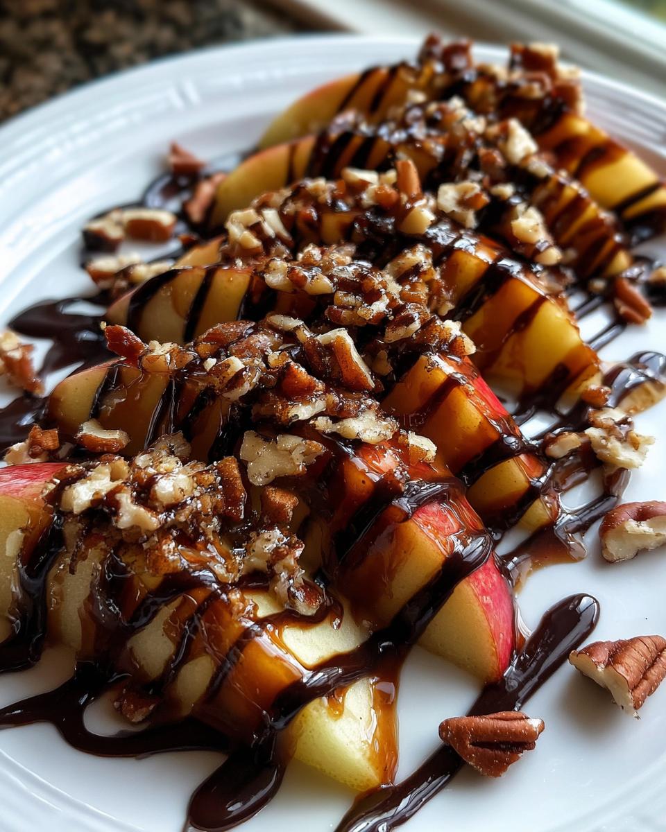 Close-up of fresh apple slices topped with caramel, chocolate drizzle, and chopped pecans for Chocolate Turtle Apple Slices.