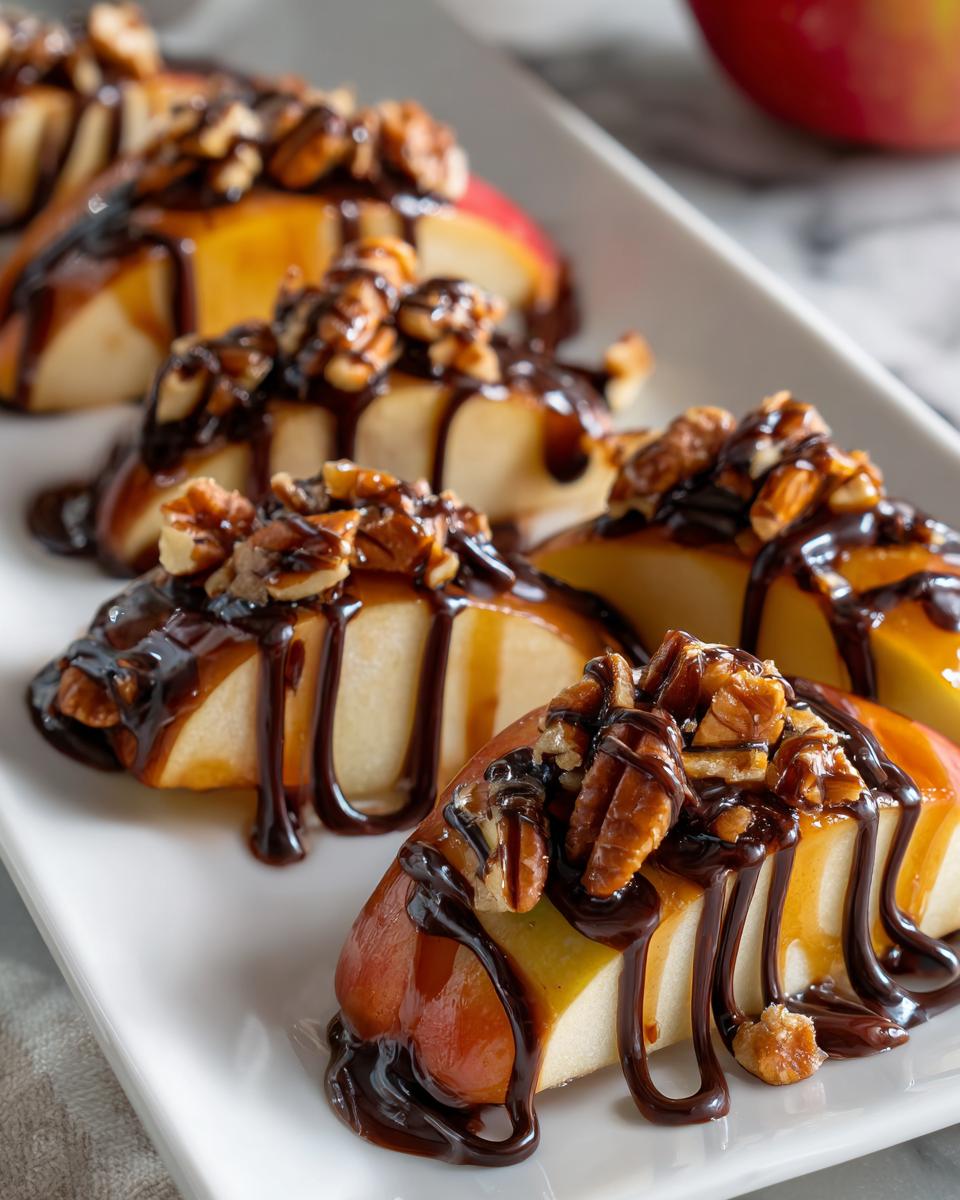Close-up of several Chocolate Turtle Apple Slices drizzled with chocolate and caramel, topped with pecans.