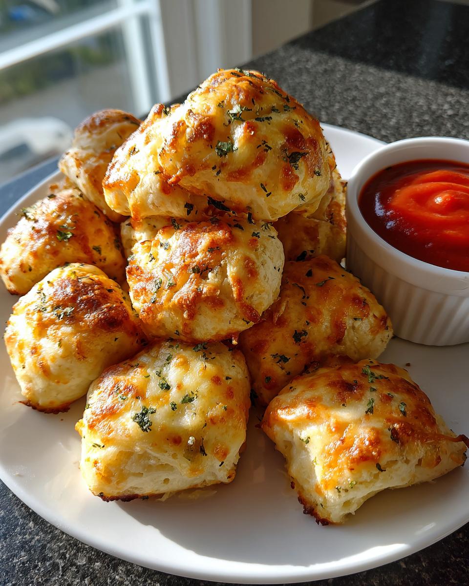 A pile of golden brown DIY Pizza Dough Dippers topped with melted cheese and herbs, served with a side of marinara sauce.
