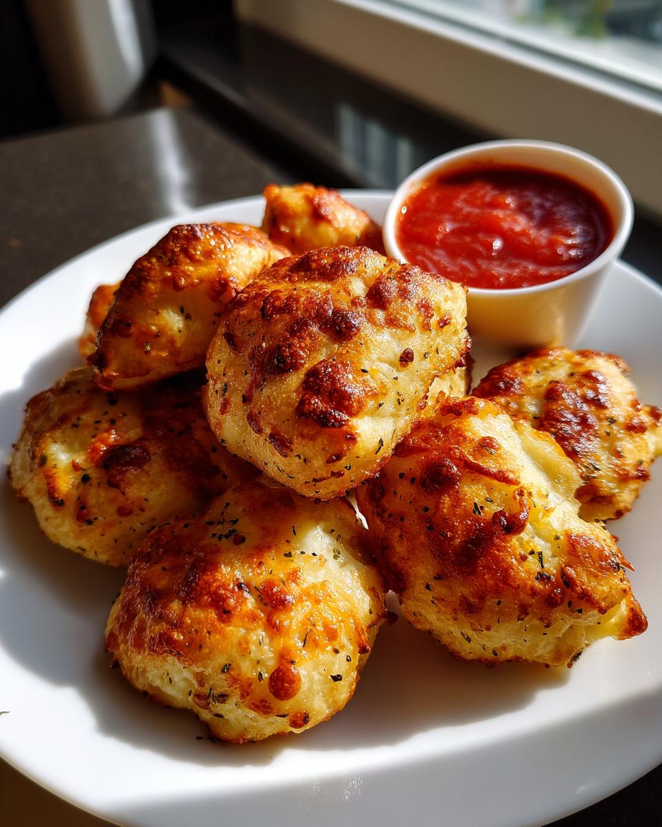 A plate of golden brown, cheesy DIY Pizza Dough Dippers served with a side of marinara dipping sauce.