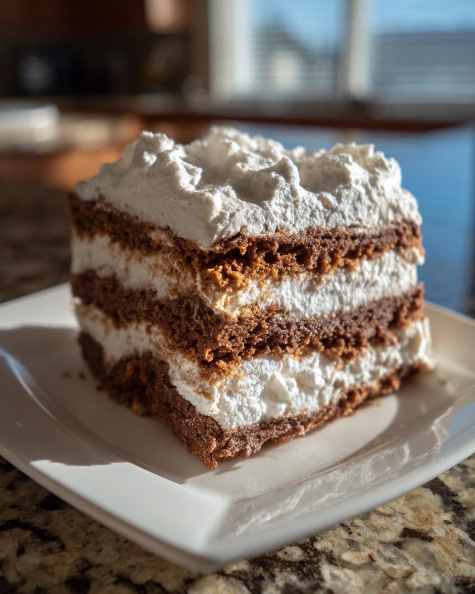 A layered slice of Gingersnap Icebox Cake featuring dark gingersnap layers and thick white whipped cream filling.