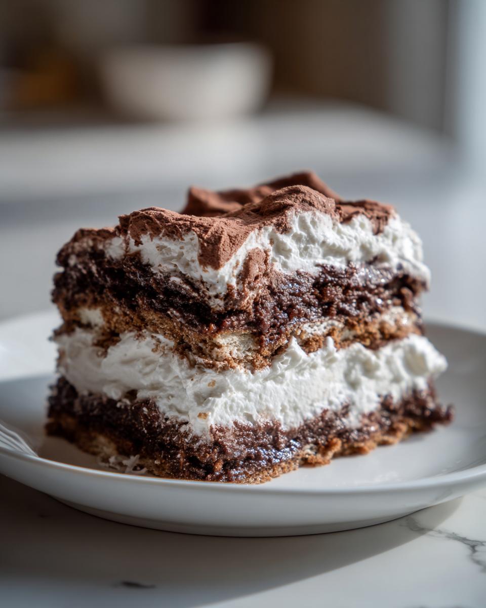 Close-up of a layered slice of Gingersnap Icebox Cake showing dark gingersnap layers alternating with thick white cream, dusted with cocoa.