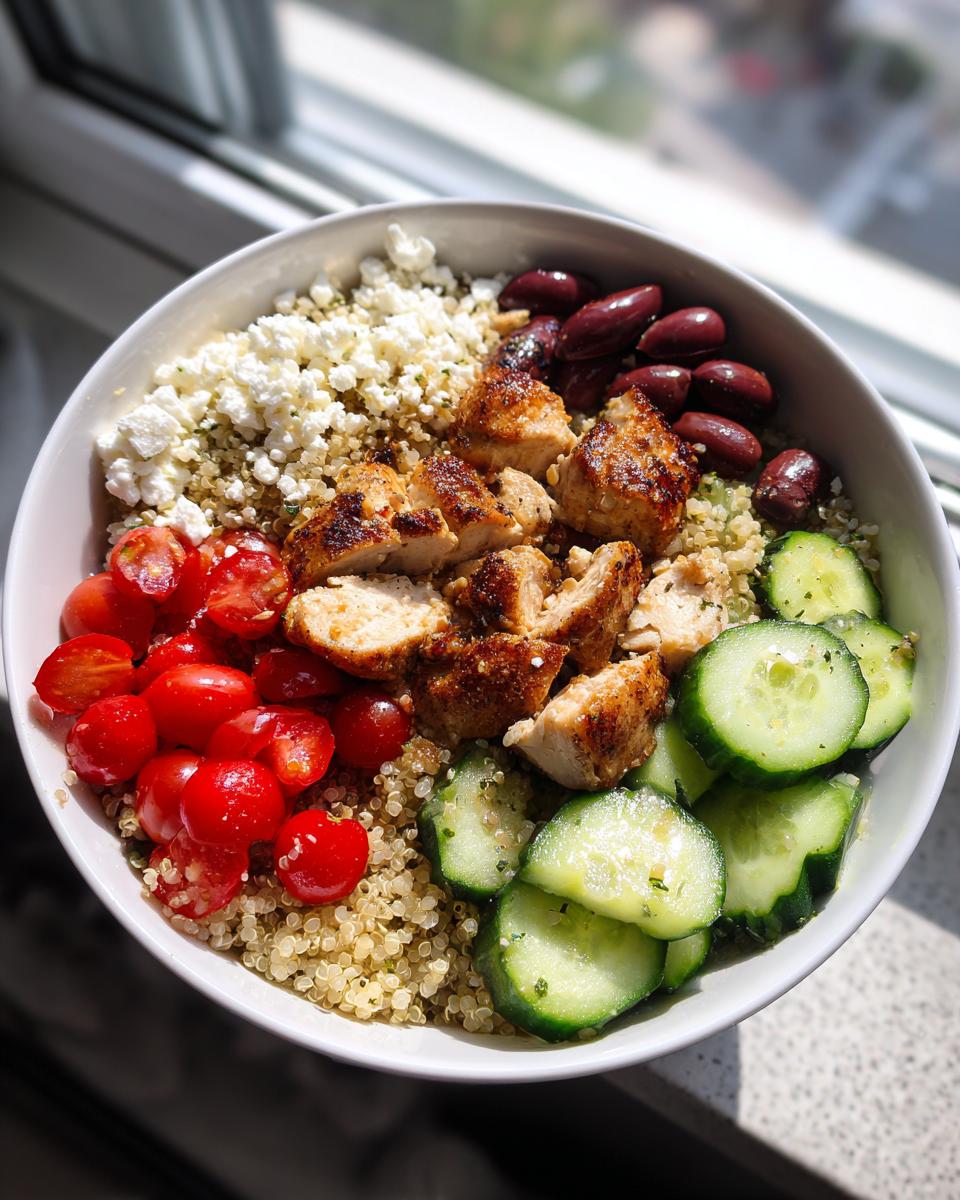 Close-up of a Greek Chicken Meal Prep Bowl featuring seasoned chicken, quinoa, feta, tomatoes, cucumbers, and olives.