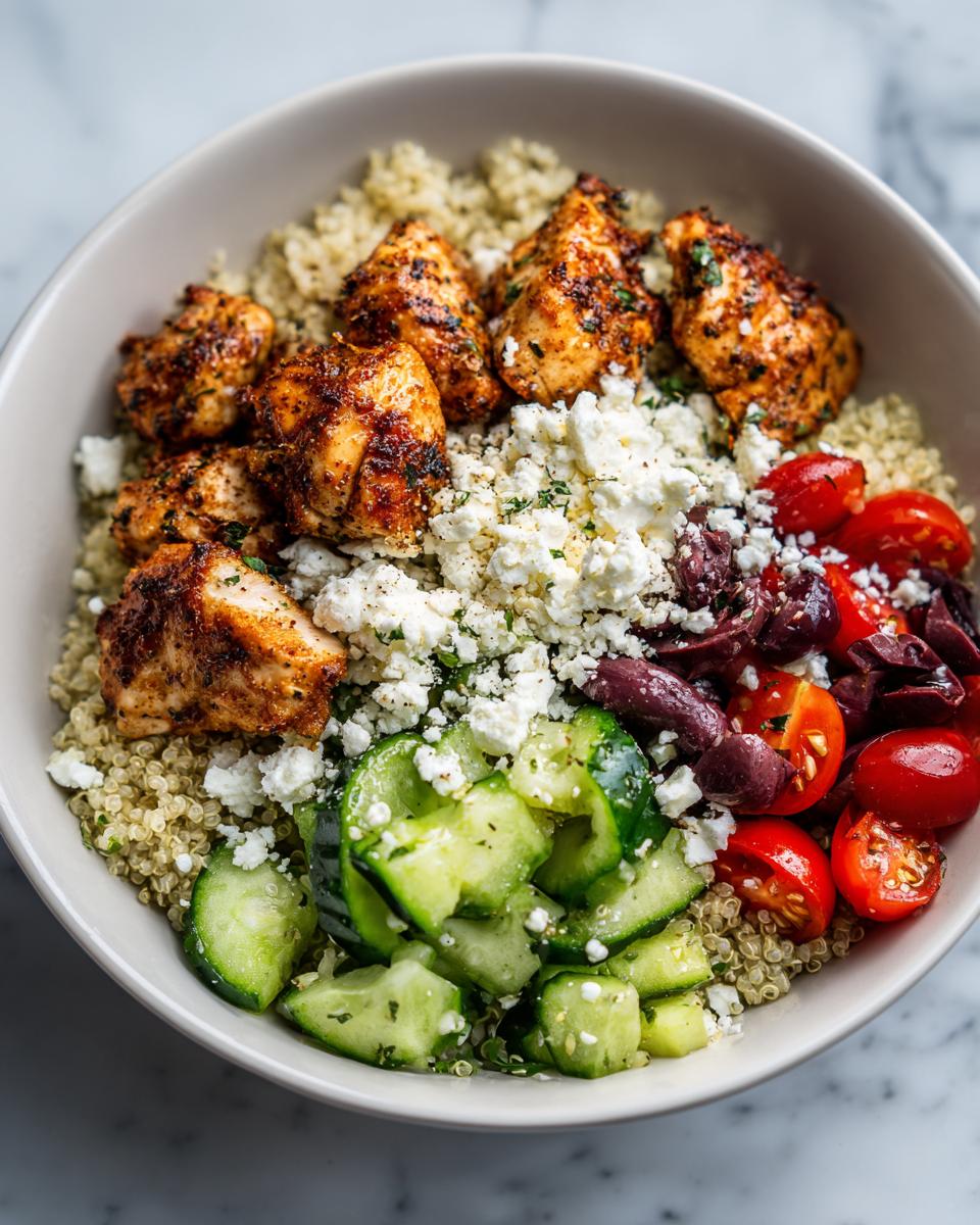 Overhead view of a Greek Chicken Meal Prep Bowl featuring seasoned chicken, quinoa, feta, cucumbers, olives, and tomatoes.