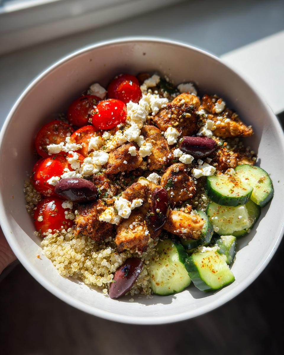 A vibrant bowl featuring seasoned Greek Chicken Meal Prep Bowls ingredients: quinoa, cherry tomatoes, cucumbers, feta, and Kalamata olives.