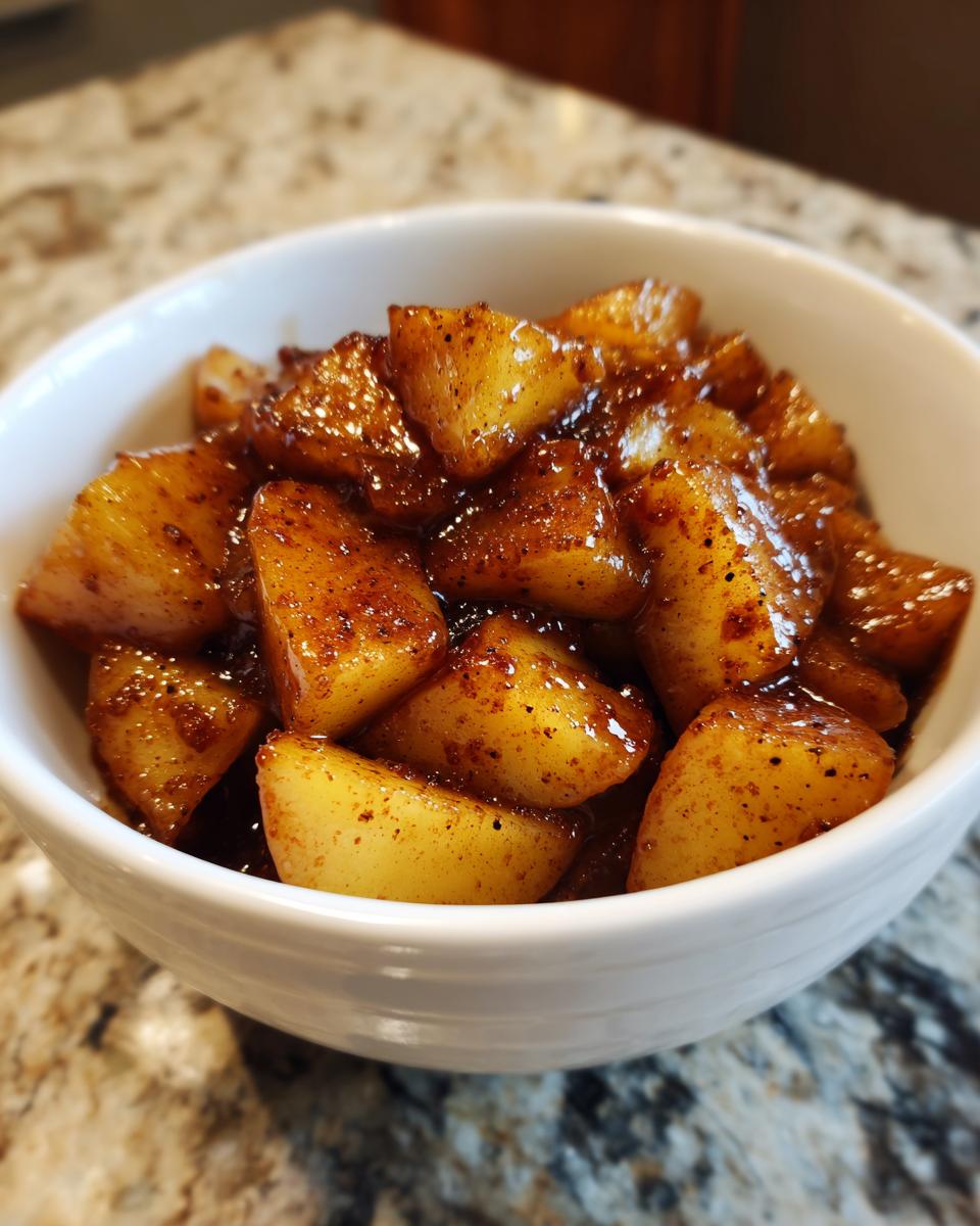 Close-up of warm, glazed chunks of Healthy Stovetop Cinnamon Apples served in a small white bowl.