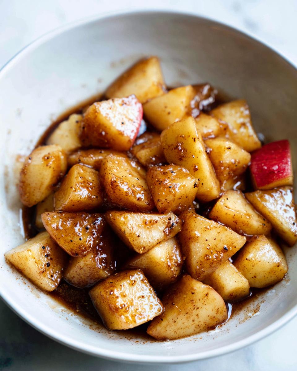 Close-up of warm, glazed chunks of Healthy Stovetop Cinnamon Apples seasoned with dark spices in a white bowl.