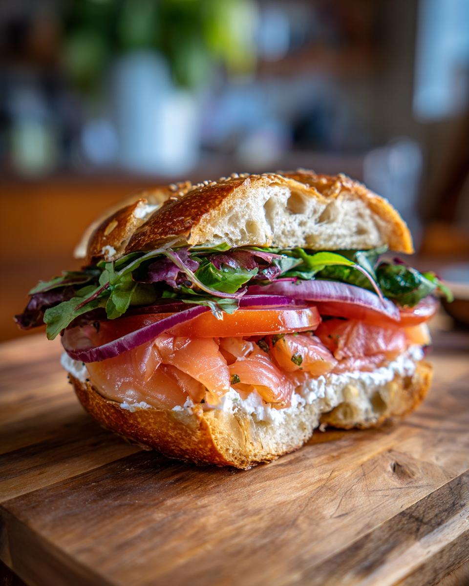 Close-up of a delicious bagel sandwich with lox, cream cheese, red onion, and greens, perfect for a Build A Bagel Lunch Kit.