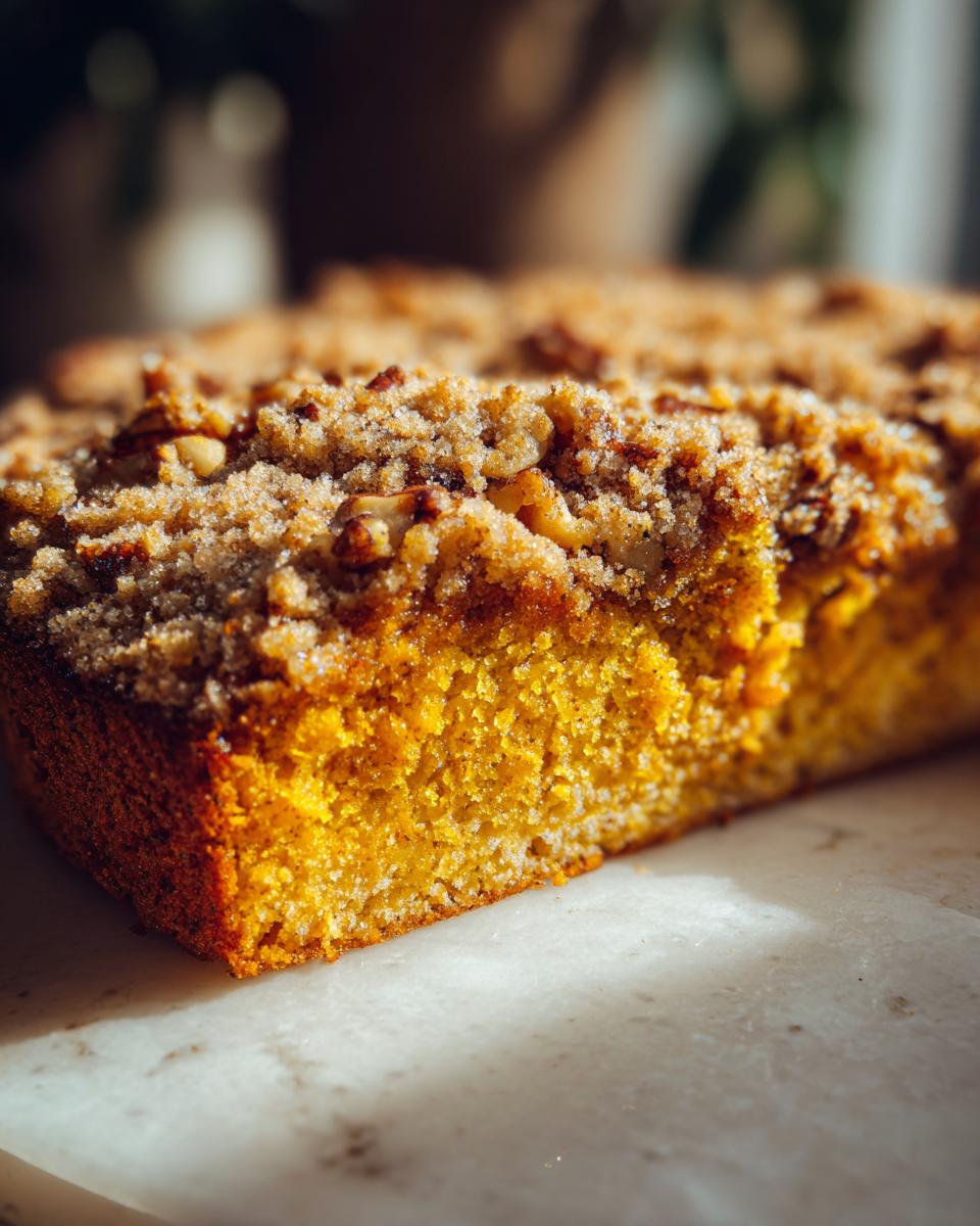 Close-up of a moist, orange-hued slice of Pumpkin Coffee Cake topped with a crunchy cinnamon-sugar and nut streusel.