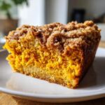 Close-up of a moist, bright orange slice of Pumpkin Coffee Cake topped with thick cinnamon streusel.
