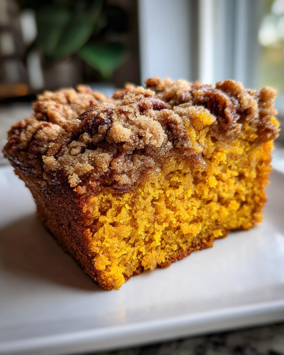Close-up of a moist, orange-hued slice of Pumpkin Coffee Cake topped with a thick, sugary cinnamon streusel.