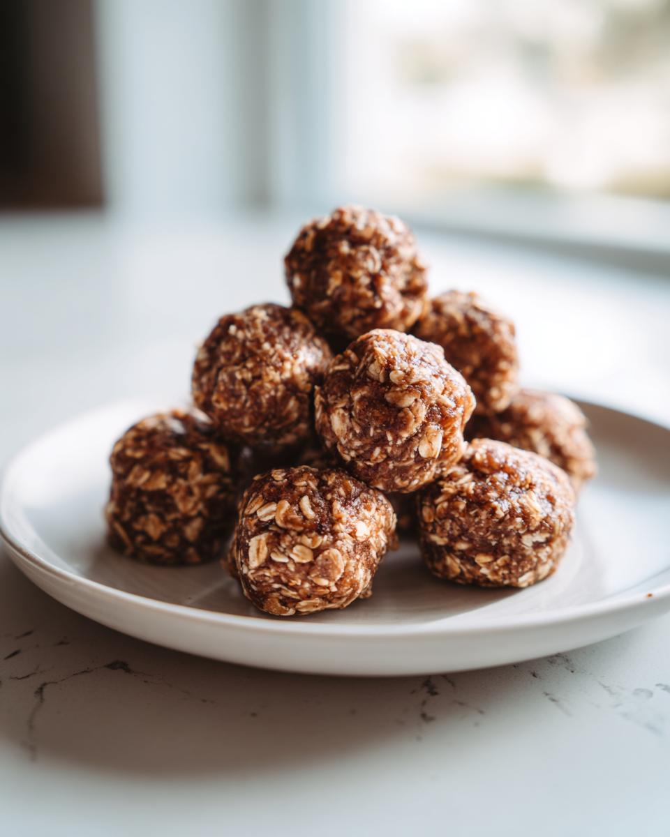 A small stack of No Bake Banana Cinnamon Energy Bites made with oats, resting on a white plate.