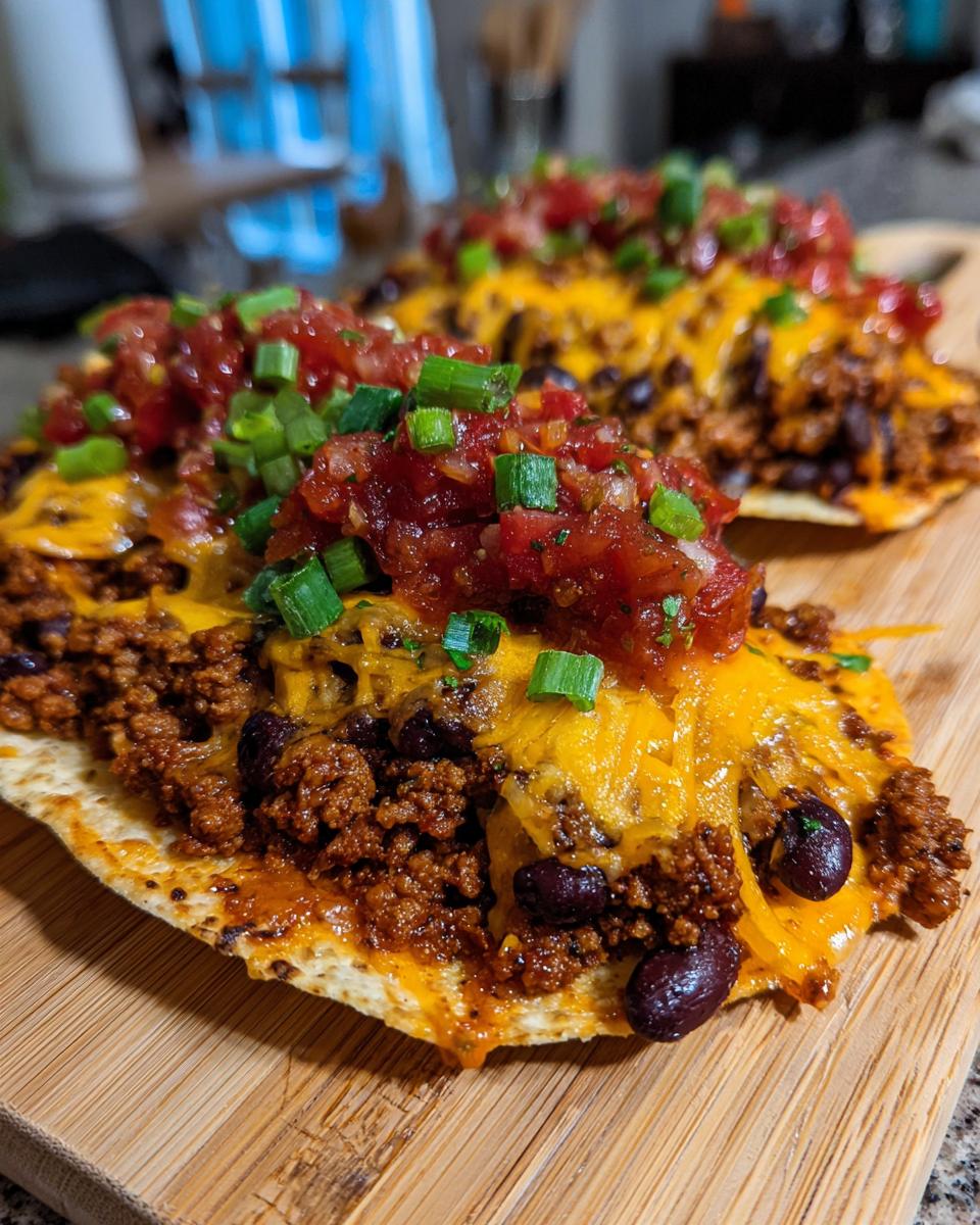 Two delicious Oven Baked Nacho Boats loaded with seasoned ground beef, black beans, melted cheddar, salsa, and green onions.