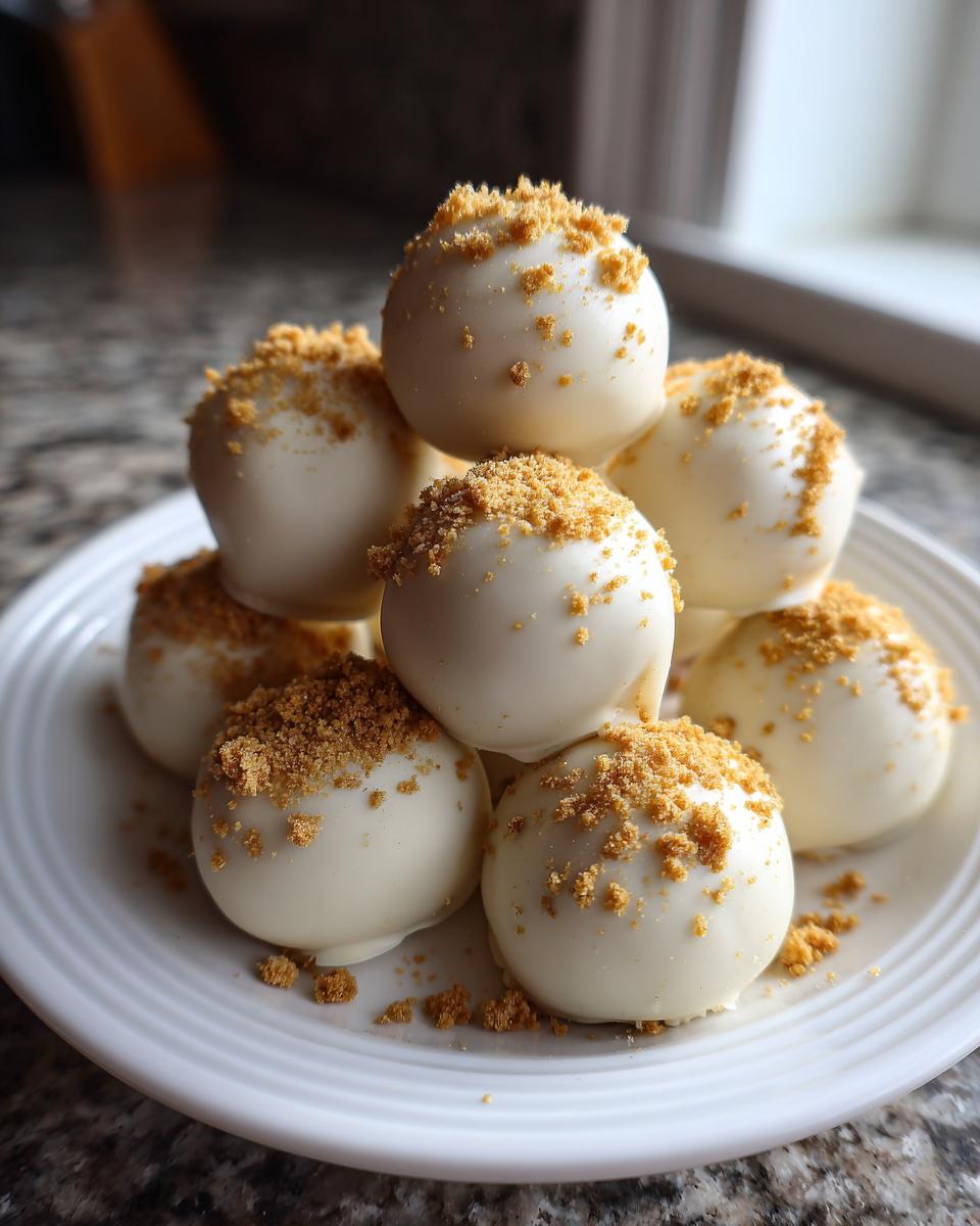 A stack of white chocolate coated Pumpkin Cheesecake Truffles topped with graham cracker crumbs on a white plate.