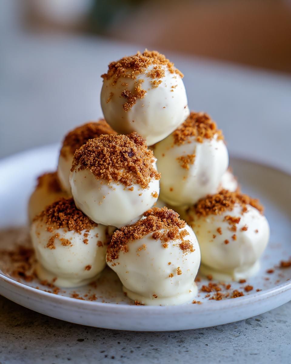 A stack of white chocolate covered Pumpkin Cheesecake Truffles topped with brown sugar crumbs.