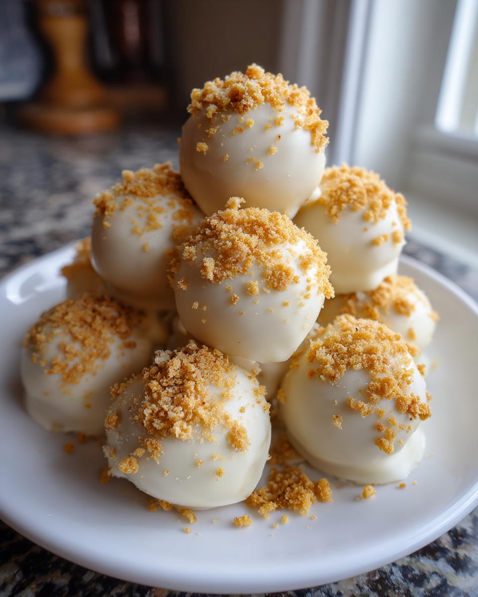 A stack of white chocolate covered Pumpkin Cheesecake Truffles topped with graham cracker crumbs on a white plate.
